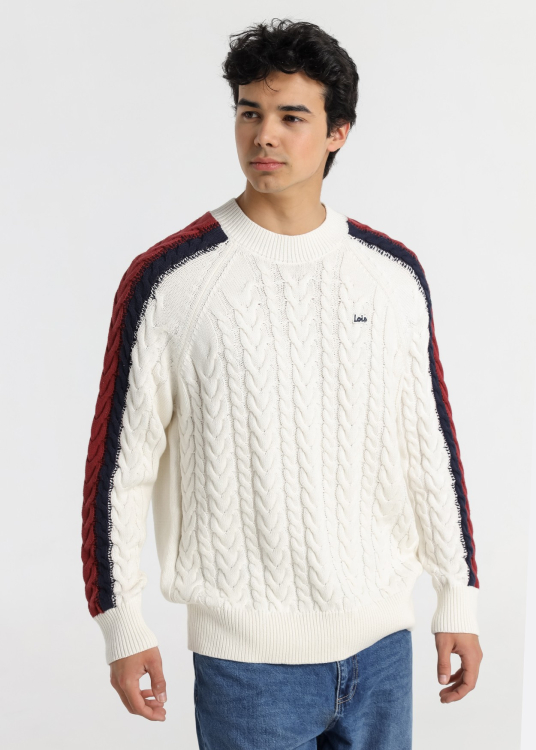 Pull à col roulé pour homme Lois Jeans, en maille torsadée et manches rayées - un modèle polyvalent | Bleu
