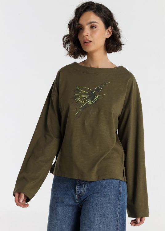 T-shirt à manches longues pour femme Lois Jeans avec motif colibri · inspiration denim | Noir