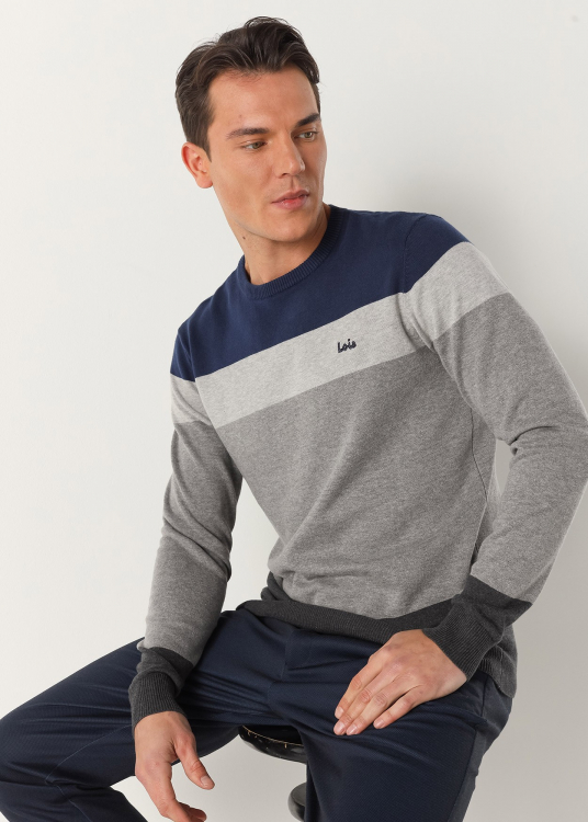 Pull Col rond rayures larges | Gris