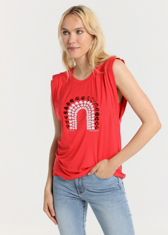 T-Shirt top manche courte paillettes en coeurs | Rouge