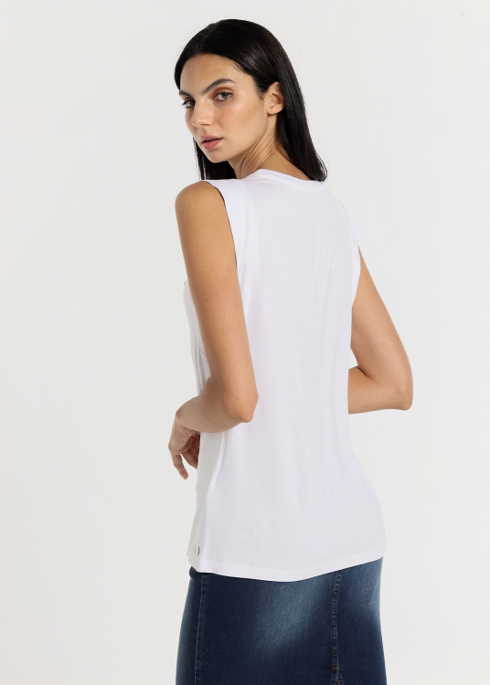 T-Shirt top manche courte paillettes en coeurs | Blanc