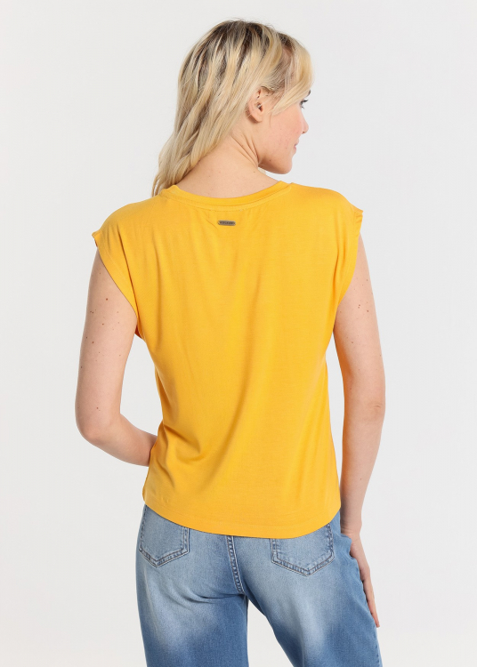 T-Shirt mancheron Col rond imprimé feuille avec embellissement | Orange