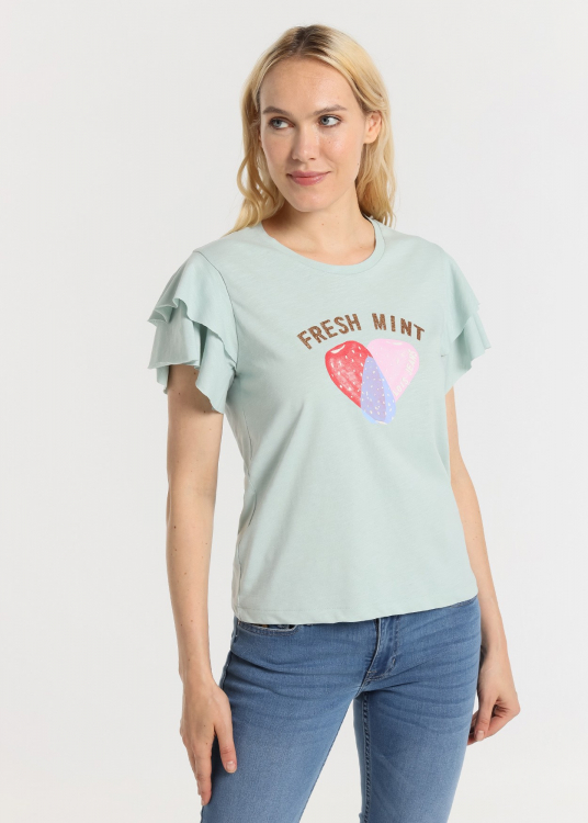 T-Shirt manche courte Graphique Fresh Mint Fruits en forme de coeur | Vert