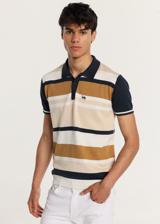 Polo tricot manche courte à rayures horizontales multicouleur | Brun