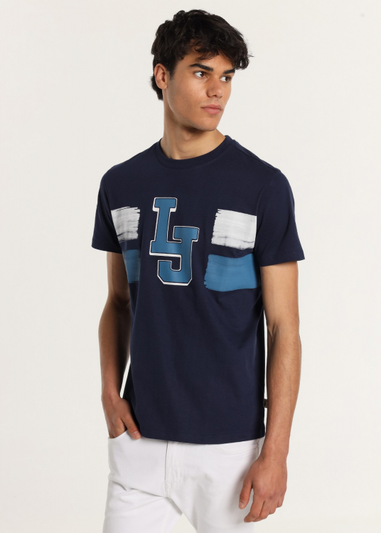 T-Shirt manche courte contrast Col rond Graphique L J | Bleu