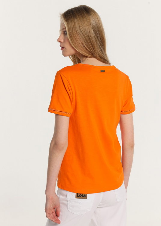 T-Shirt manche courte  basique Col en V  broderie à œillets aux ourlets | Orange