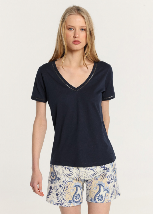 T-Shirt manche courte  basique Col en V  broderie à œillets aux ourlets | Bleu