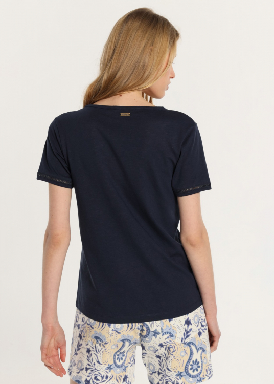 T-Shirt manche courte  basique Col en V  broderie à œillets aux ourlets | Bleu