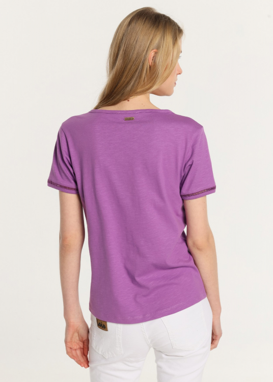 T-Shirt manche courte  basique Col en V  broderie à œillets aux ourlets | Violet