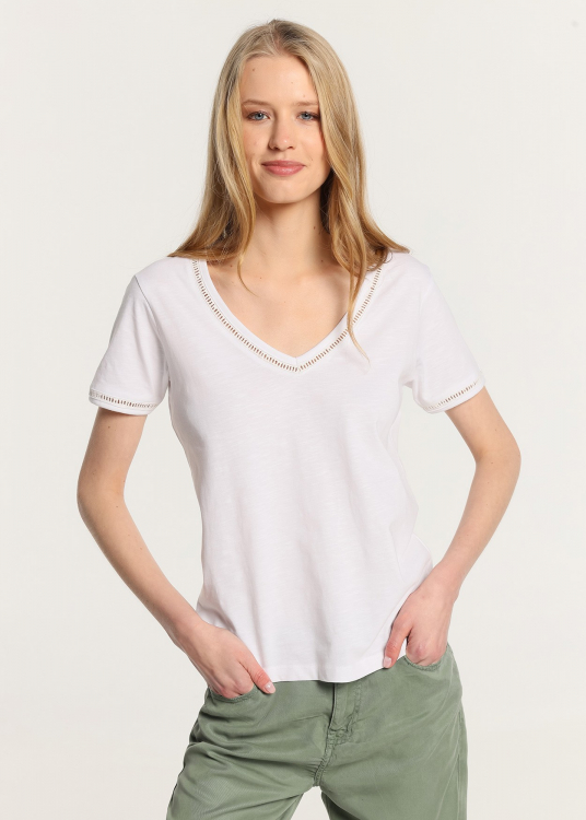 T-Shirt manche courte  basique Col en V  broderie à œillets aux ourlets | Blanc
