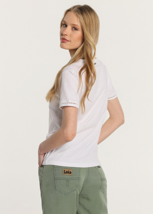 T-Shirt manche courte  basique Col en V  broderie à œillets aux ourlets | Blanc