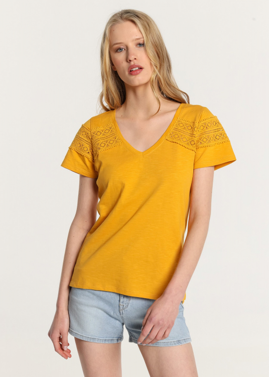 T-Shirt manche courte  Col en V avec crochet | Orange