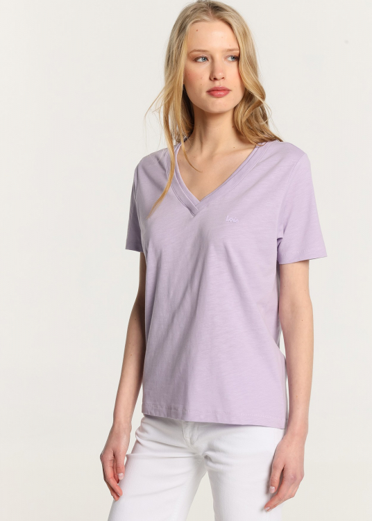 T-Shirt basique manche courte Col en V double. | Violet
