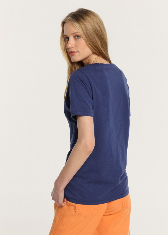 T-Shirt basique manche courte Col en V double. | Bleu