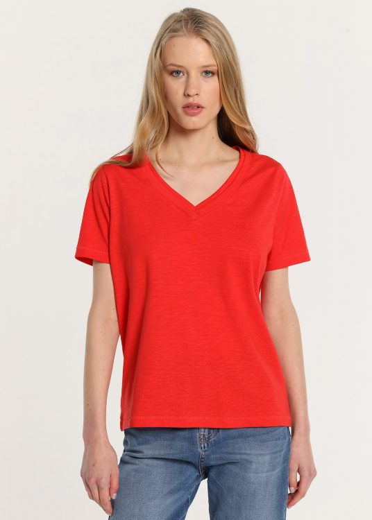 T-Shirt basique manche courte Col en V double. | Rouge