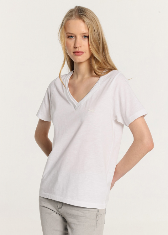 T-Shirt basique manche courte Col en V double. | Blanc
