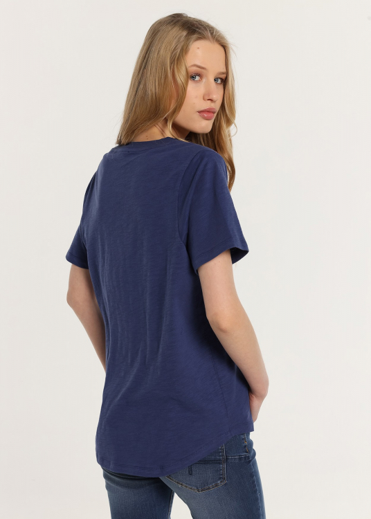 T-Shirt manche courte Col en V brodé | Bleu