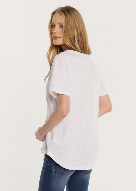 T-Shirt manche courte Col en V brodé | Blanc
