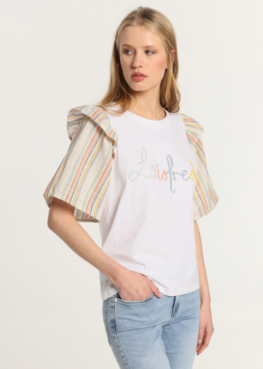 T-Shirt manche courte à rayures logo avec embellissement de couleurs