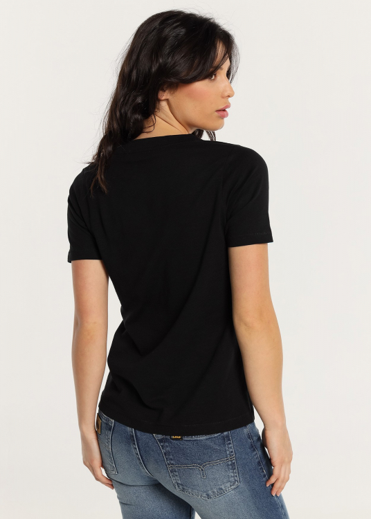 T-Shirt basique manche courte Col en V double. | Noir